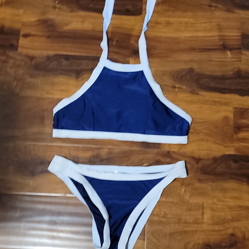 Blue and white bikini